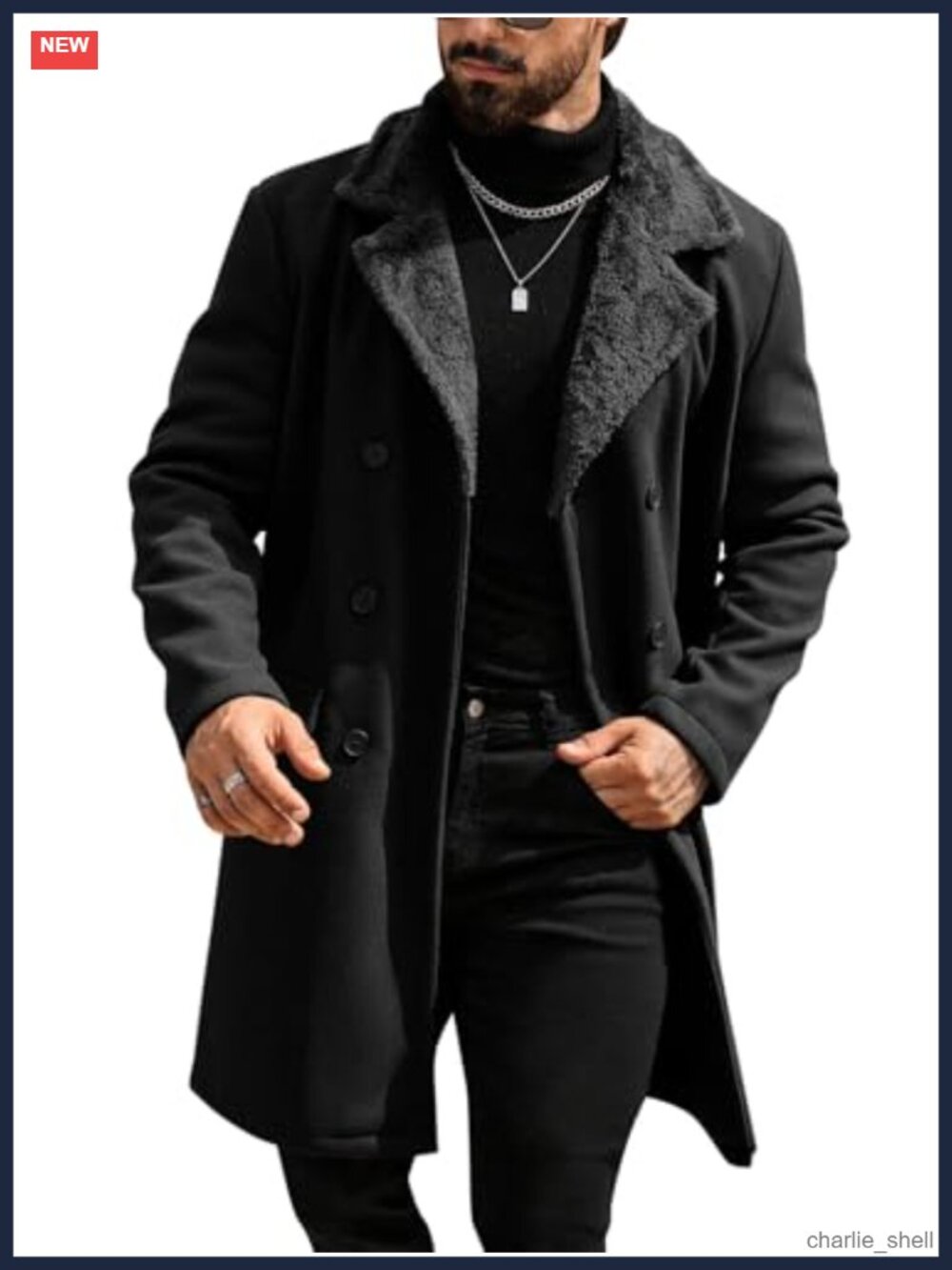 Mens Trench Coat Fleece Jacket Fall Winter Fuzzy Pea Coat Overcoat